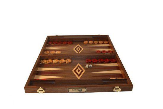 Afbeelding van het spel Walnoothout Backgammon - Rode  inleg, 48 x 60 x 4 x 8 cm