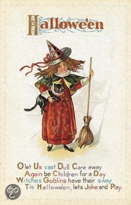 Afbeelding van het spel Witch With Broom and Cat Halloween Greeting Card