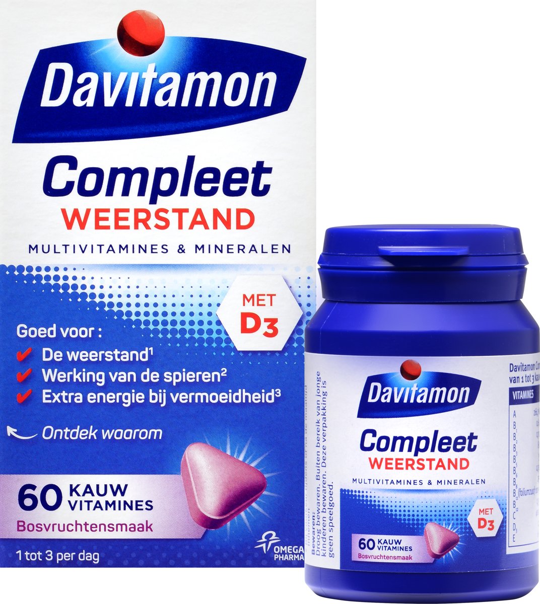 Foto van Davitamon Compleet Weerstand Kauwvitamines - multivitamine - bosvruchten - 60 tabletten