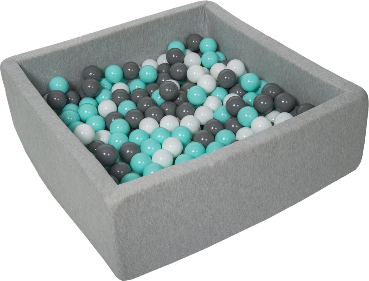 Ballenbak - stevige ballenbad - 90x90 cm - 300 ballen Ø 7 cm - wit, grijs, turquoise.