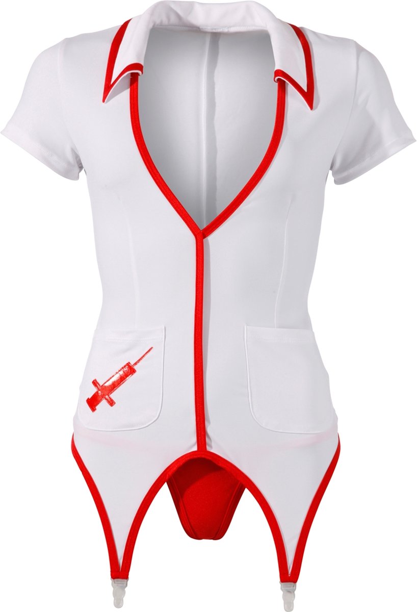 Foto van Cottelli Collection – Sexy Verpleegster Mini Jurk met Diepe Halslijn en Jarretel Banden voor Spannende Behandelingen – Maat M – Wit