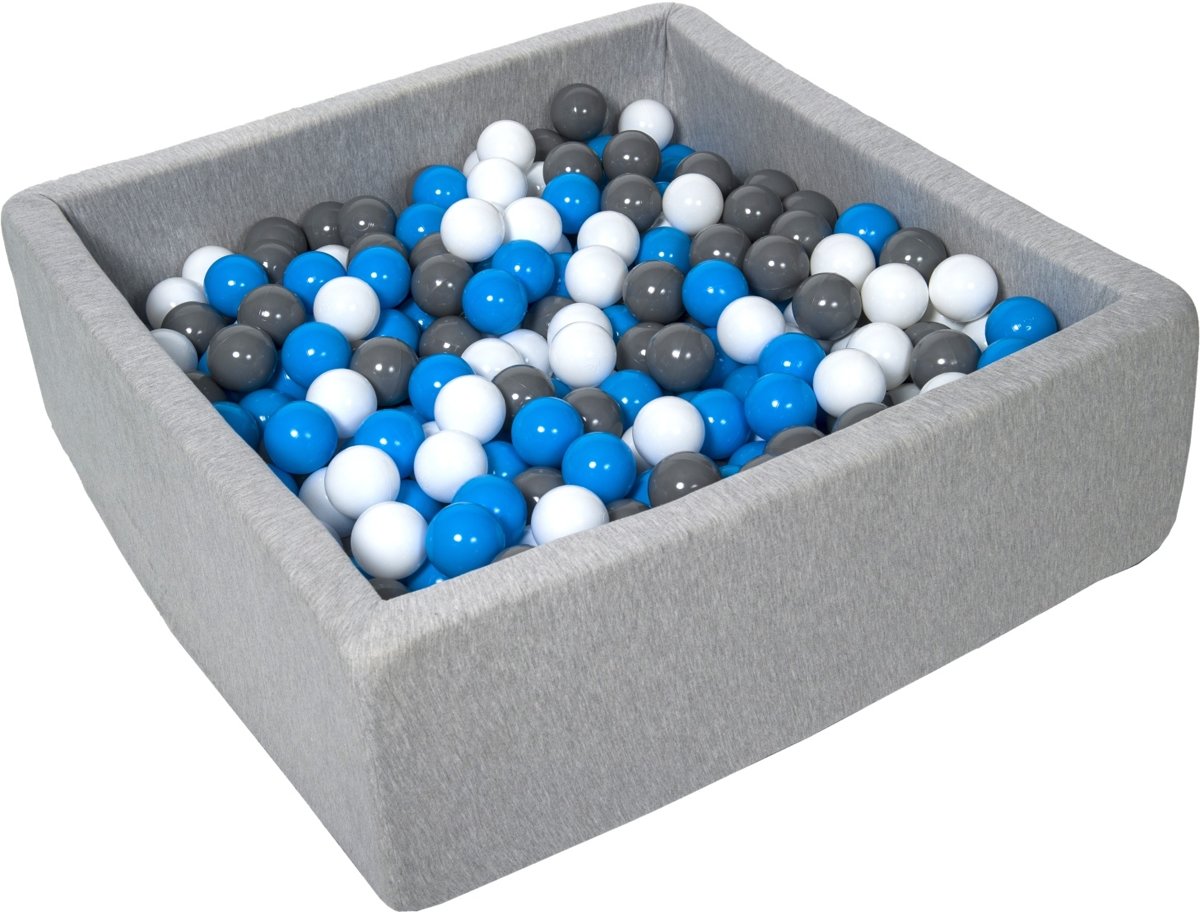 Ballenbak - stevige ballenbad - 90x90 cm - 450 ballen Ø 7 cm - wit, blauw, grijs.