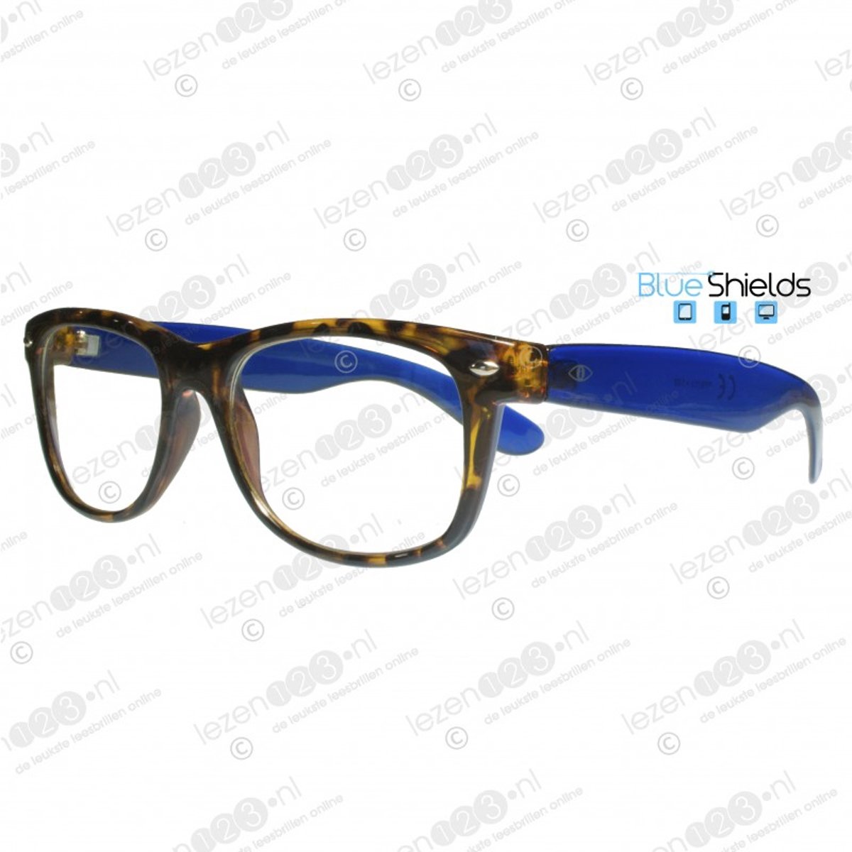 Foto van Icon Eyewear RFE013 +2.00 WayeFarer BlueShields bril - blauw licht filter lens - Tortoise montuur, blauwe poten
