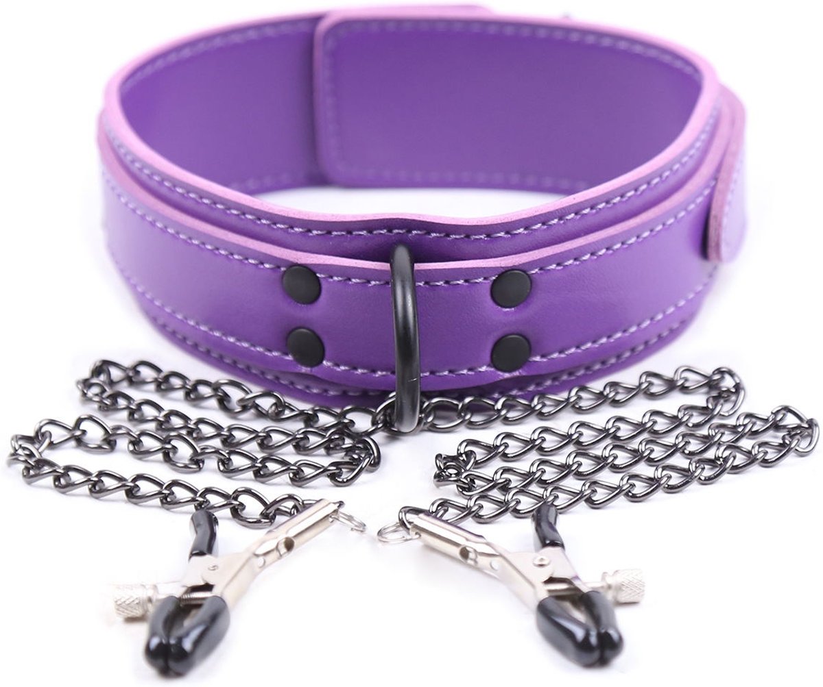 Foto van Banoch - Collar + Clamps Playfull Purple- paarse halsband met tepelklemmen - bondage