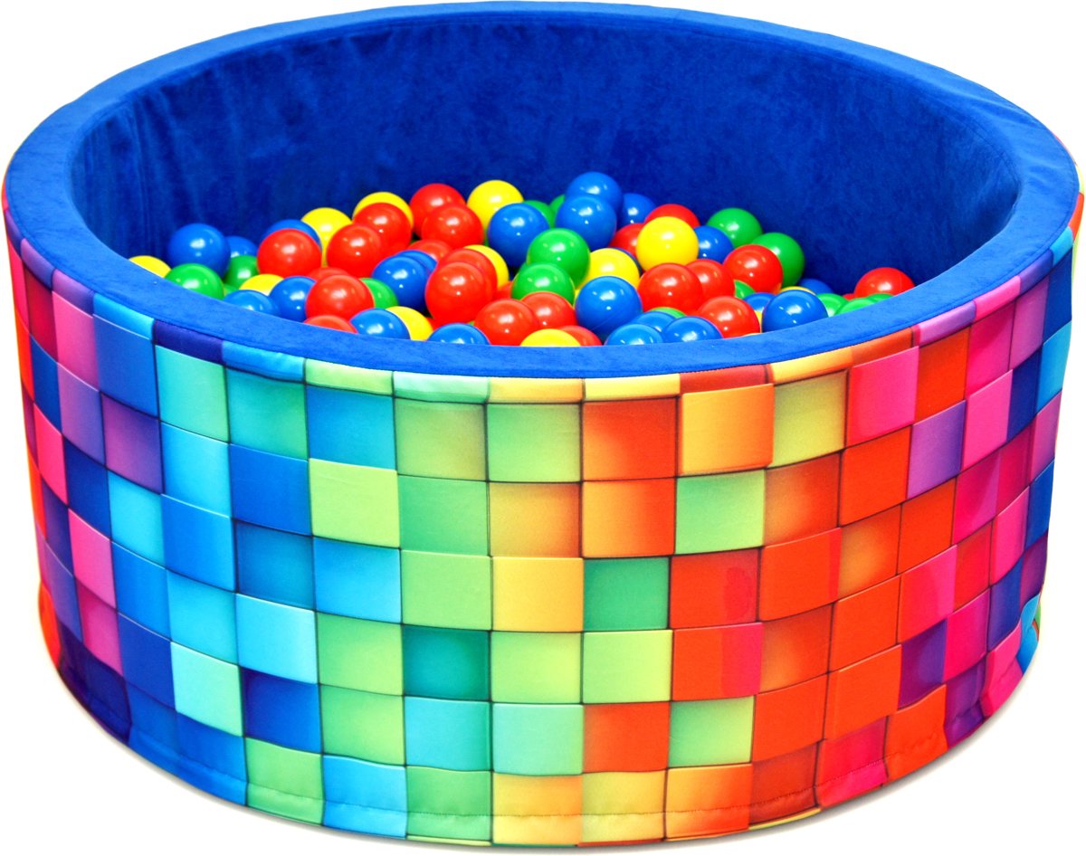 Ballenbak - stevige ballenbad -90 x 40 cm MOZAÏK patroon- 200 ballen Ø 7 cm - geel, rood, groen en blauw