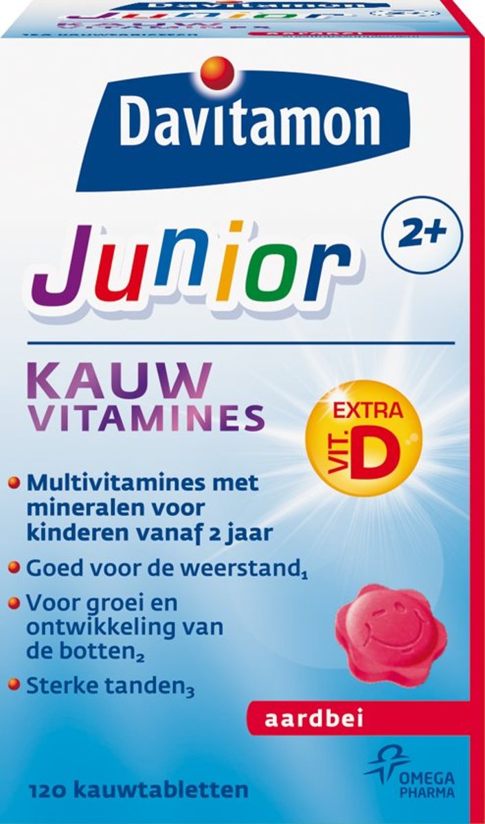 Foto van Davitamon Junior 2+ Kauwvitamines - kinder multivitamine - aardbei - 120 tabletten - voordeelverpakking - 3 stuks