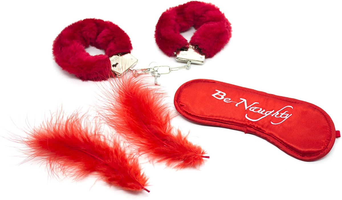 Foto van Banoch - Bondage Naughty Red - rode handboeien, blinddoek en streelveren
