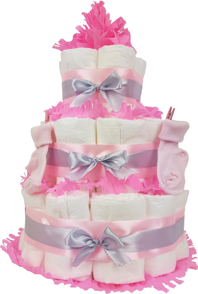 Luiertaart meisje 3-laags roze | 45 A-merk Pampers | schattige sokjes | XL geboortekaart | ideaal voor babyshower, kraamcadeau en Baby cadeau
