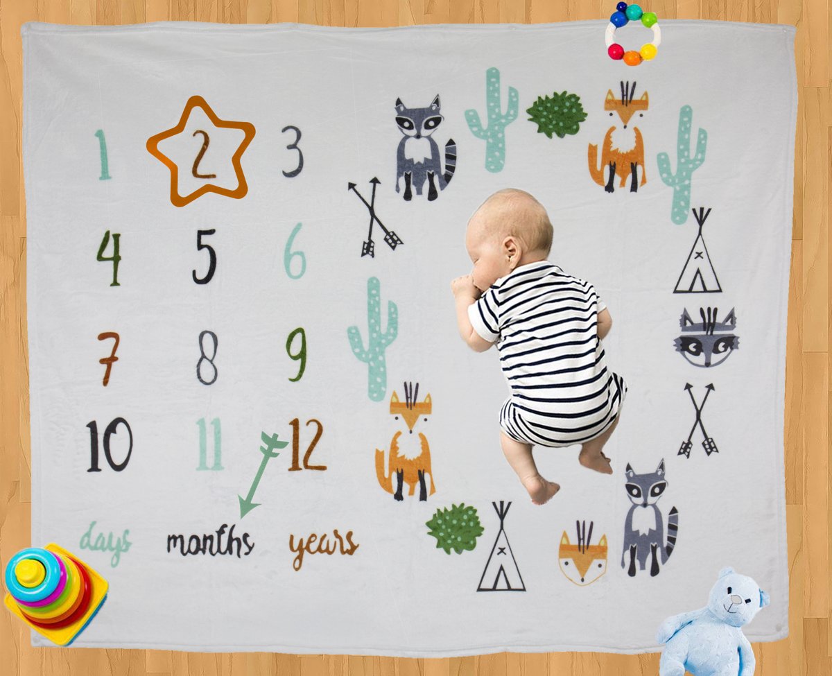 Milestone Blanket Fox - Babyshower Fleece Deken - Kraamcadeau Pasgeboren Kindje - Giftset Foto Deken - Baby Speel Deken - Otiz Goods