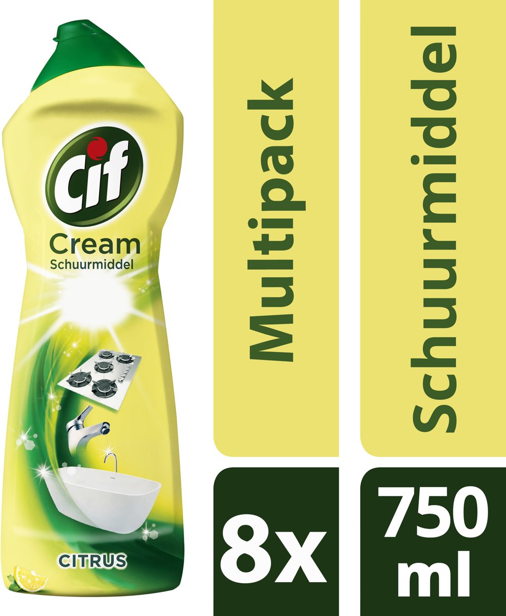 Foto van Cif Citroen Cream - 8 x 750 ml - Schuurmiddel - Voordeelverpakking