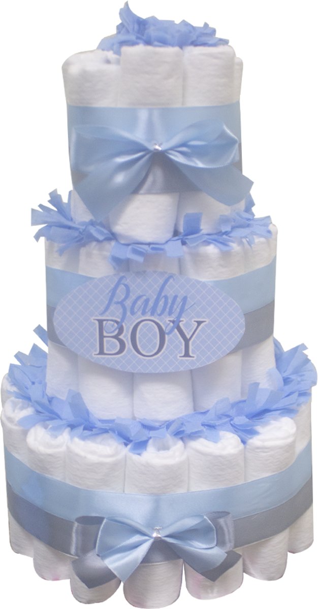Pampertaart / luiertaart jongens baby boy 3-laags blauw maat 1 Kraamcadeau, Babyshower, Geboortecadeau