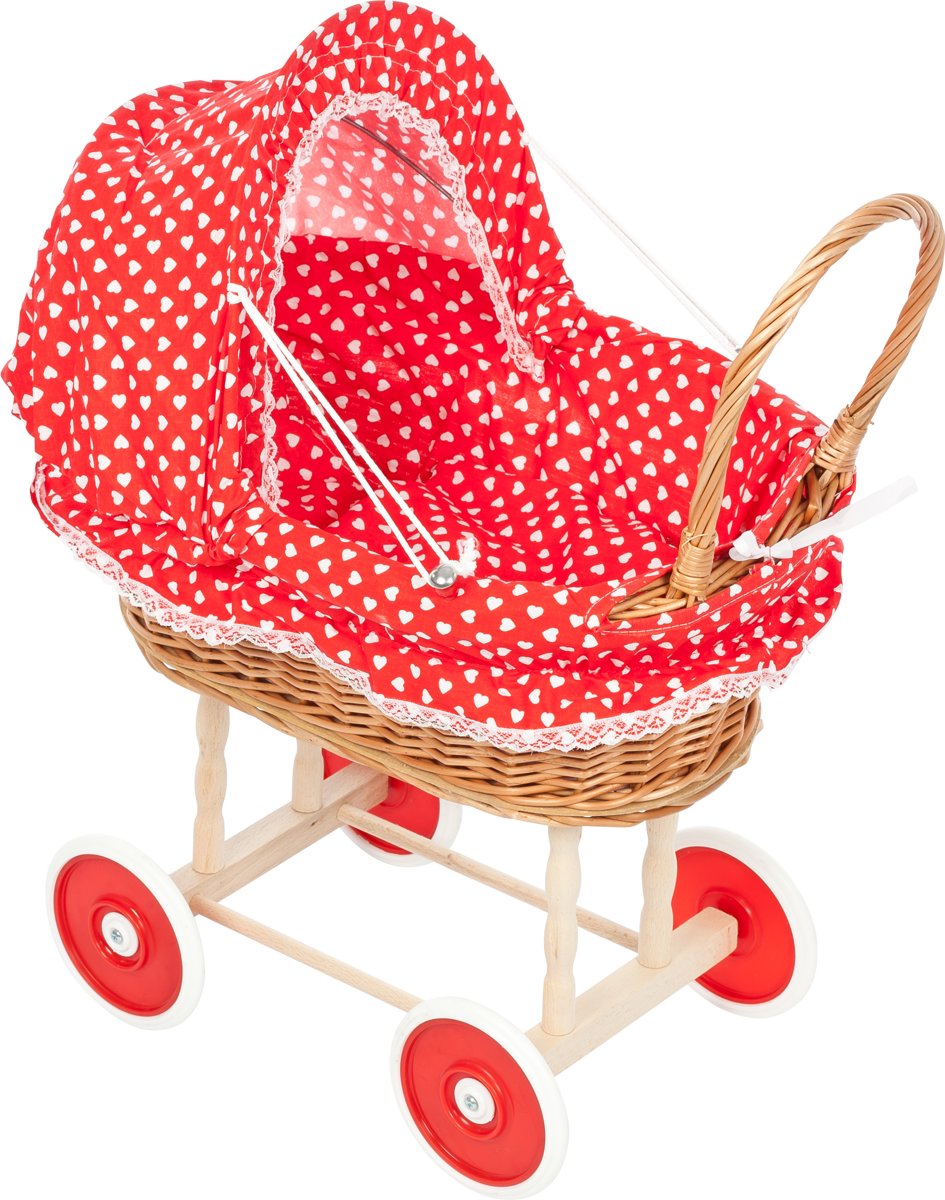 Playwood - Rieten poppenwagen rood met kleine hartjes met opvouwbare stoffen kap - Plastic wielen