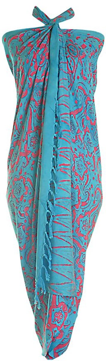Hamamdoek sarong kleuren blauw roze figuren lengte 115 cm breedte 165 cm versierd met franjes