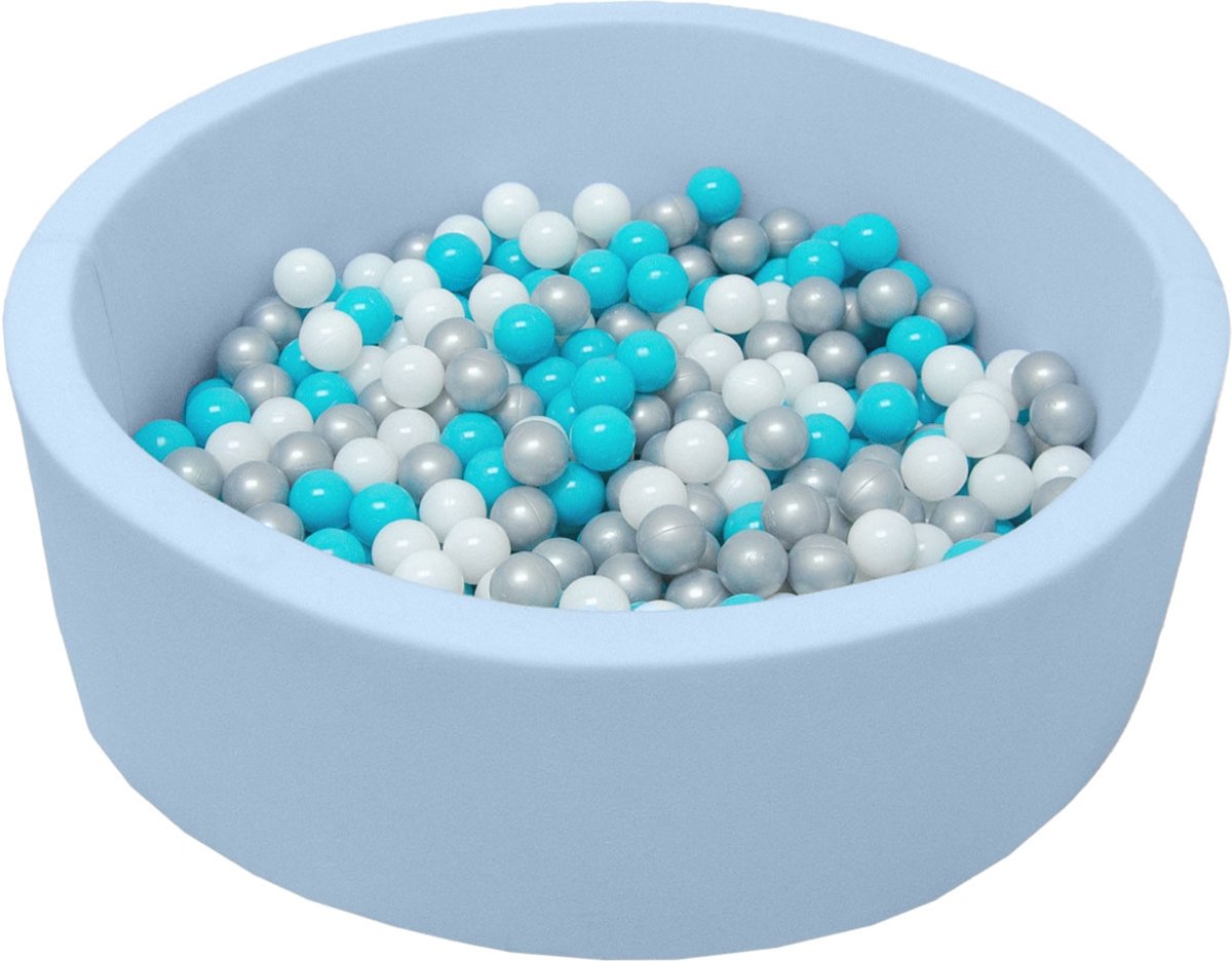 LittleTom Knuffelig Ballenbak met 350 Babyballen – Set vanaf 0 Jaar – 90 x 30 cm – Ballenbad in Lichtblauw – Ø 5,5 cm Ballen in Blauw, Wit & Grijs