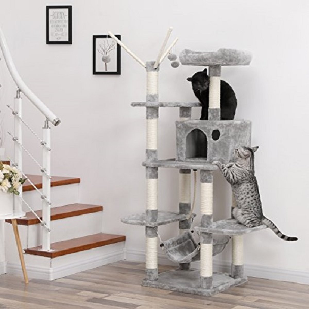 SONGMICS | XXL Luxe Katten Krappaal | Katten Activity Center met een hangmat | Katten Klim / Krappaal | Hoogte: 154 Cm. | Kleur: LICHT GRIJS