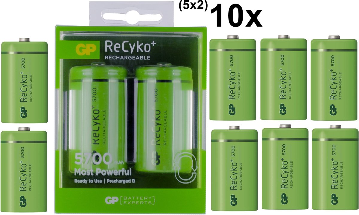 10 Stuks (5 Blisters a 2st) - GP Recyko+ 1.2V D / HR20 5700mAh NiMh oplaadbare batterij
