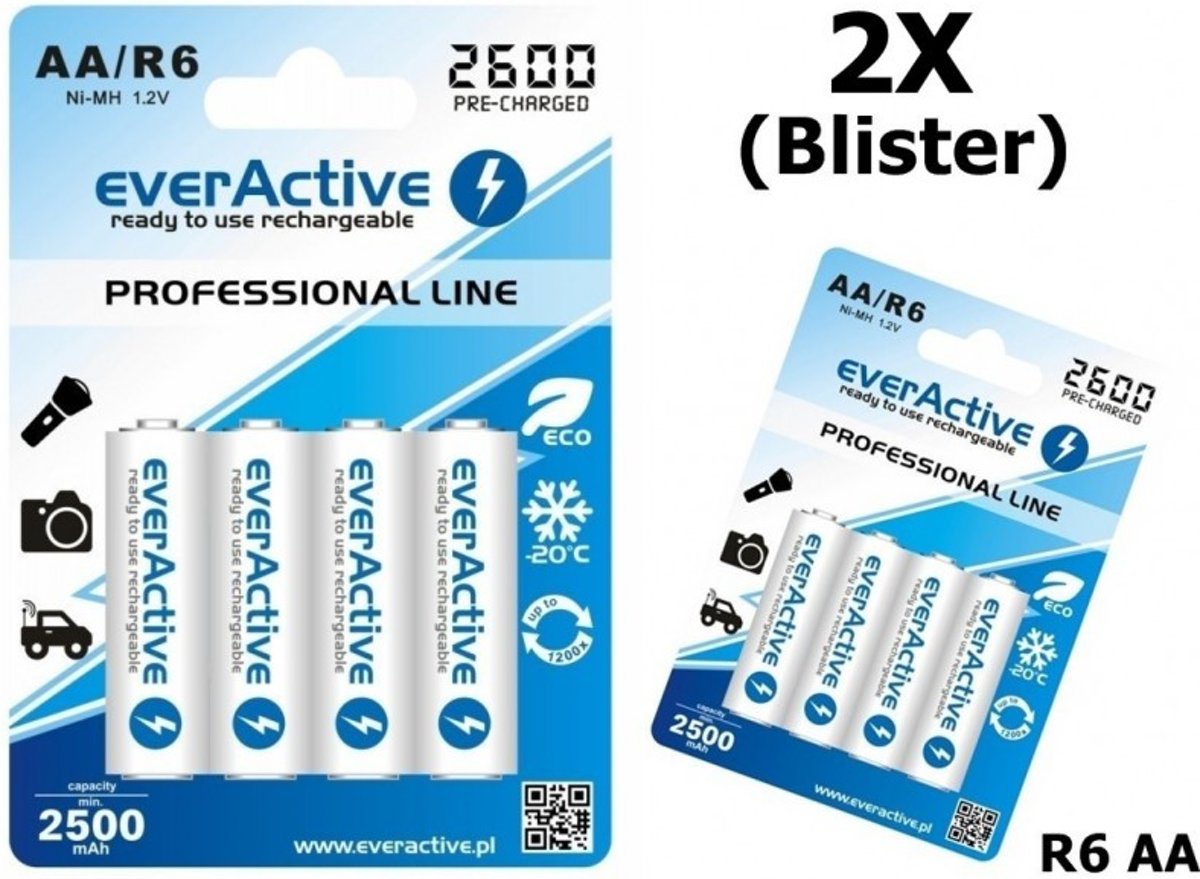 8 Stuks (2 Blisters a 4st) - R6 AA 2600mAh everActive Professional Line Oplaadbare batterijen