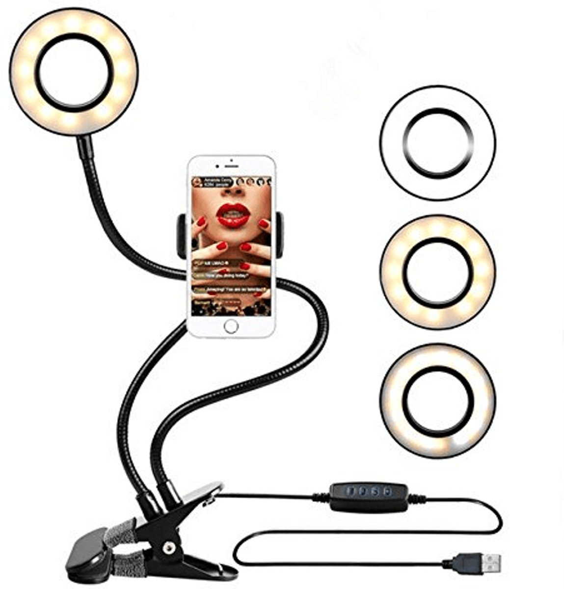 TKSTAR Selfie Ring LED Light met mobiele telefoonhouder standaard - Zwart