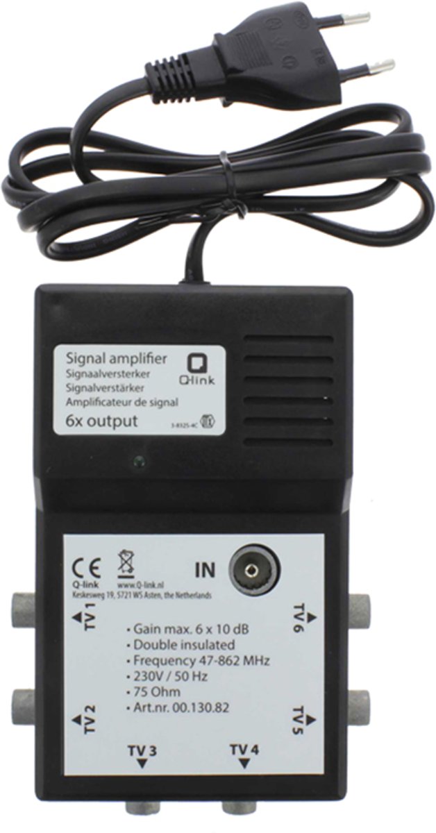 Q-LINK signaalversterker voor TV coax met 6 aansluitingen