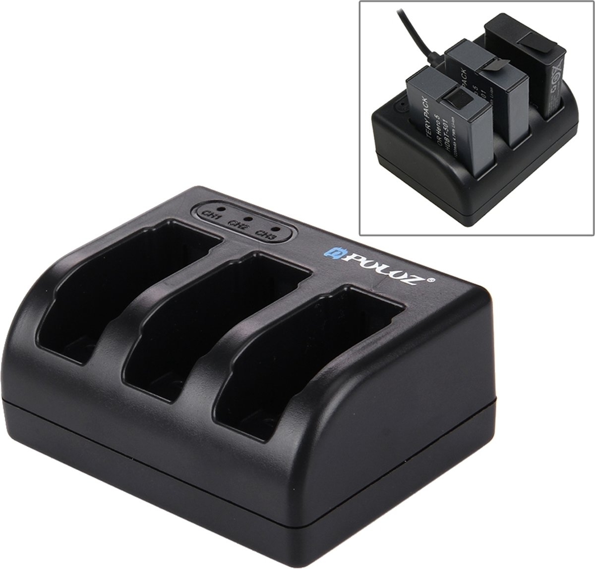 PULUZ voor GoPro HERO7 - AHDBT-501 3-kanaals batterijlader met Micro USB-poort & USB-C/Type-C poort