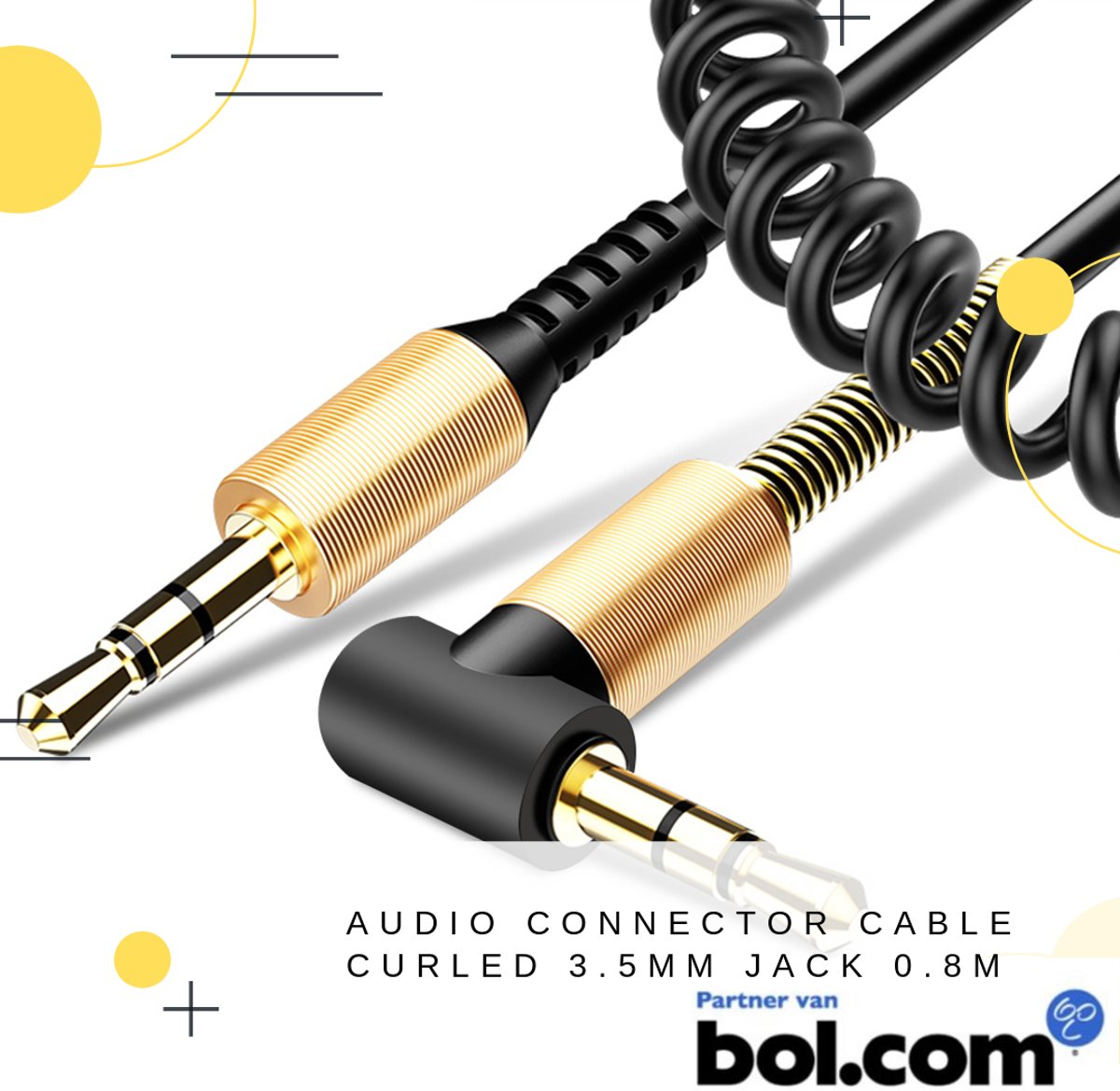 GoodvibeZ CurlZ | Stereo Audio Jack KabelS 3.5 mm - AUX Kabel Gold Plated - Male to Male - Zwart - 0,8 meter | Auto / Stereo / Mobiel / TV