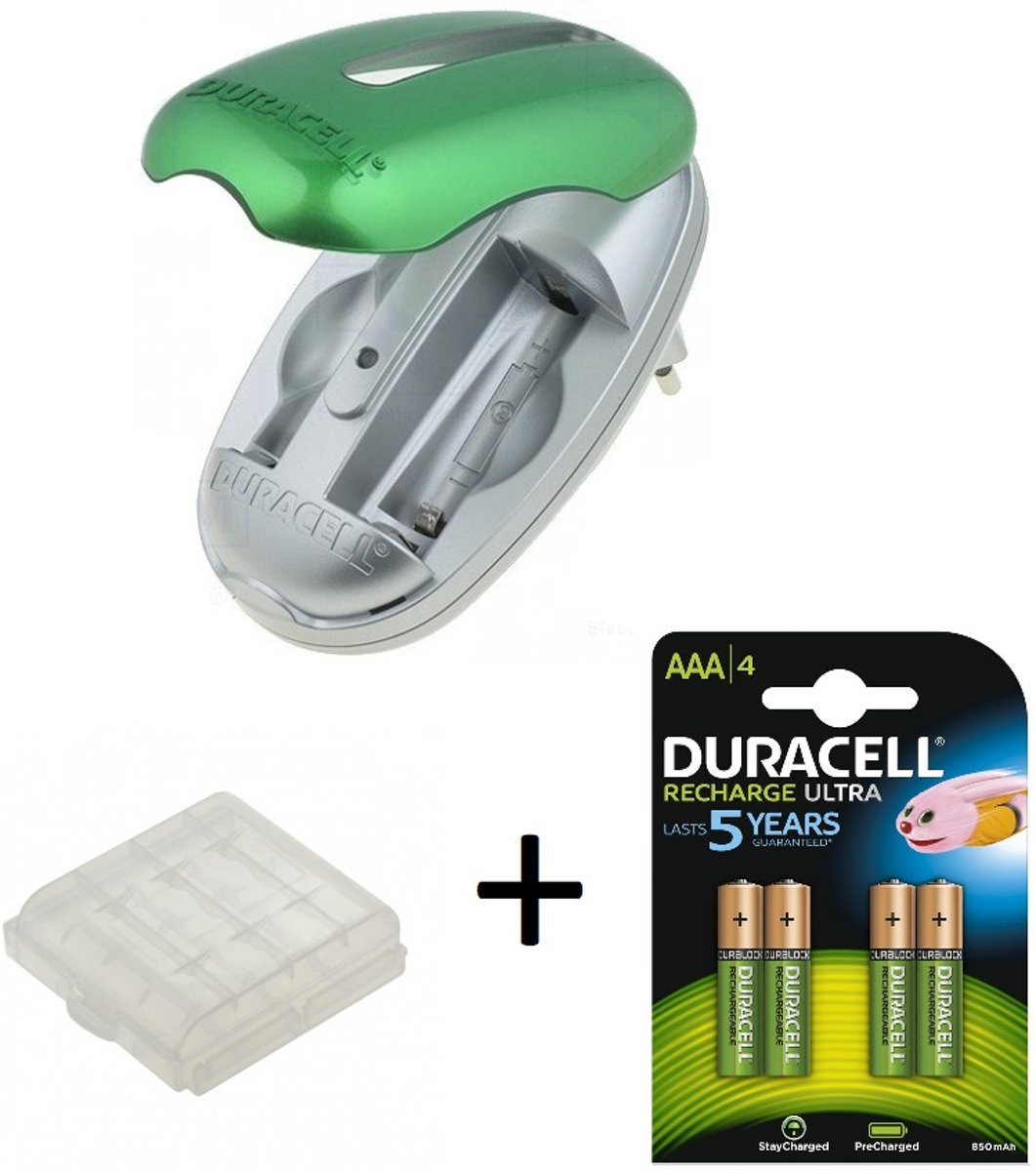 Duracell Mini Lader Groen + batterij doosje + 4 Duracell AAA Oplaadbare Batterijen - 850 mAh