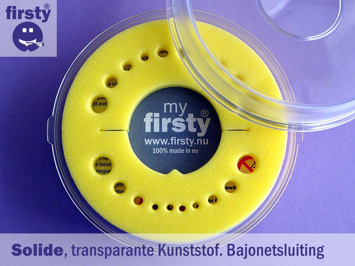 Firsty Round tandendoosje (geel), met verhaal van de tandenfee, NL tekst, Made in NL, geen Kinderarbeid