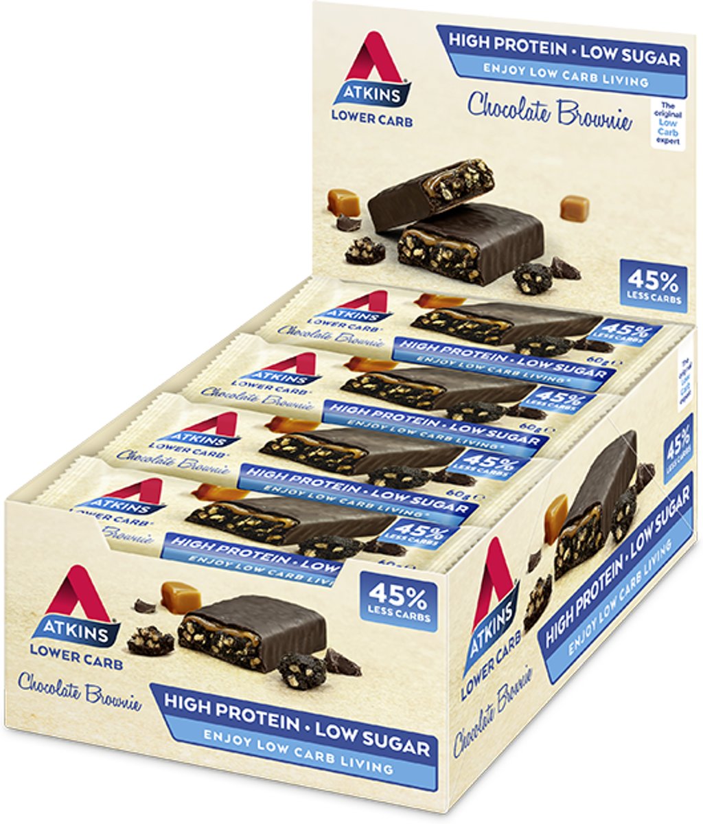 Foto van Atkins Chocolate Brownie Caramel reep 15+1 gratis - 60 gram