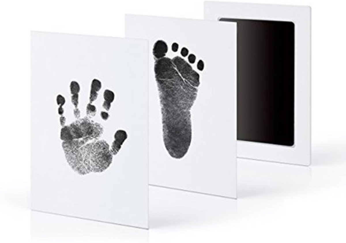 Baby fotokaartje handafdruk en voetafdruk - inkt kraamcadeau - eenvoudig schoonmaken - 2 stuks - kleur zwart - incl. handleiding