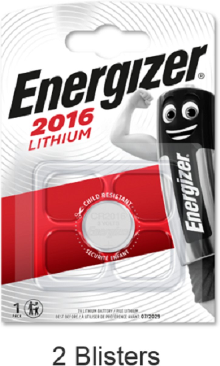 2 stuks (2 blisters a 1 stuk) Energizer CR2016 Lithium knoopcel 3V 90mAh Professional battery