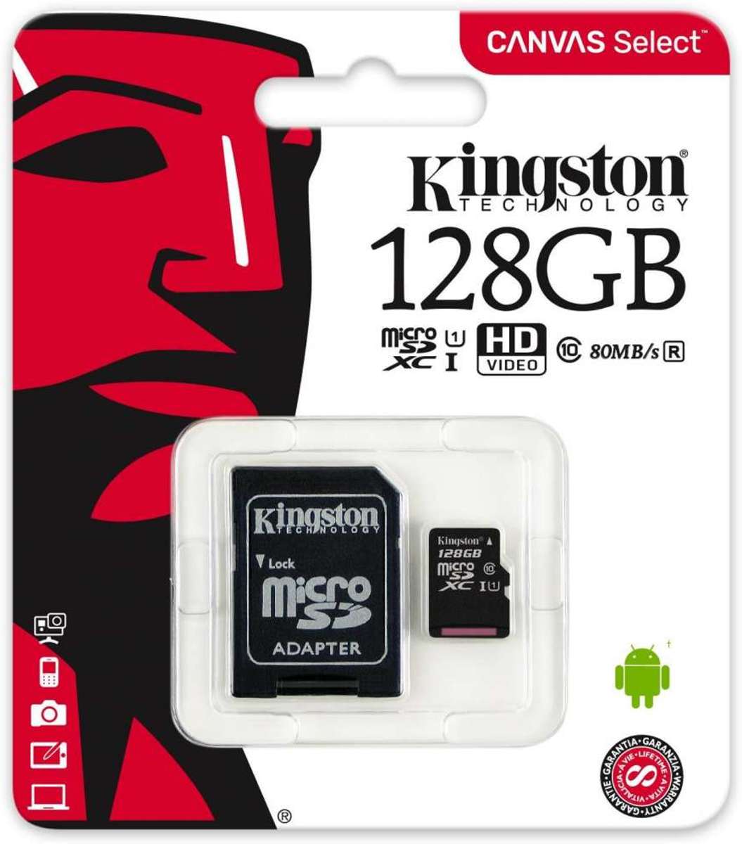 Kingston Canvas Select MicroSDHC Class 10 UHS-I - 128GB - inclusief SD adapter