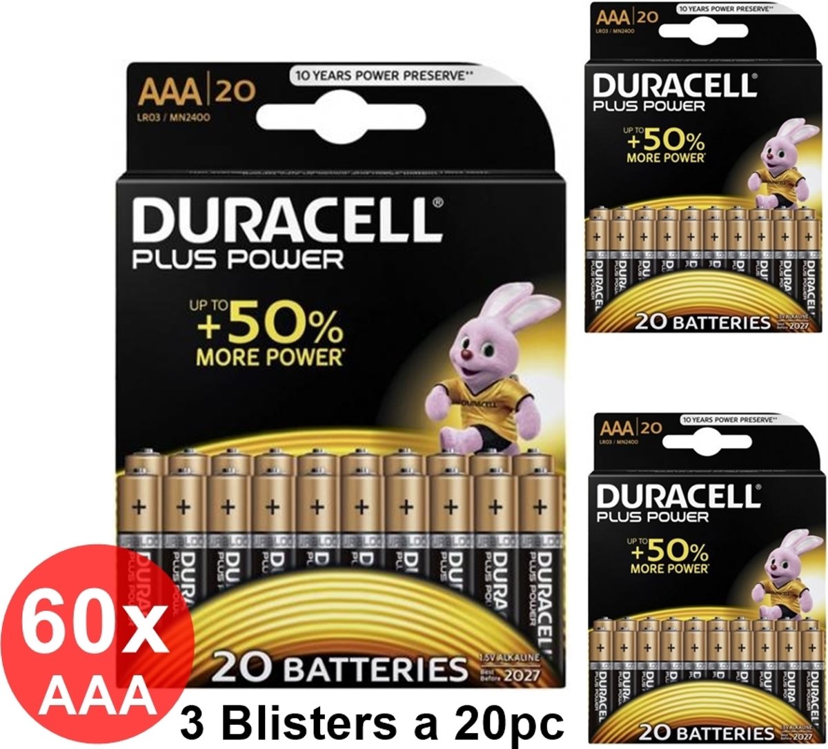 60 Stuks - Duracell LR03 / AAA / R03 / MN 2400 1.5V alkaline batterij