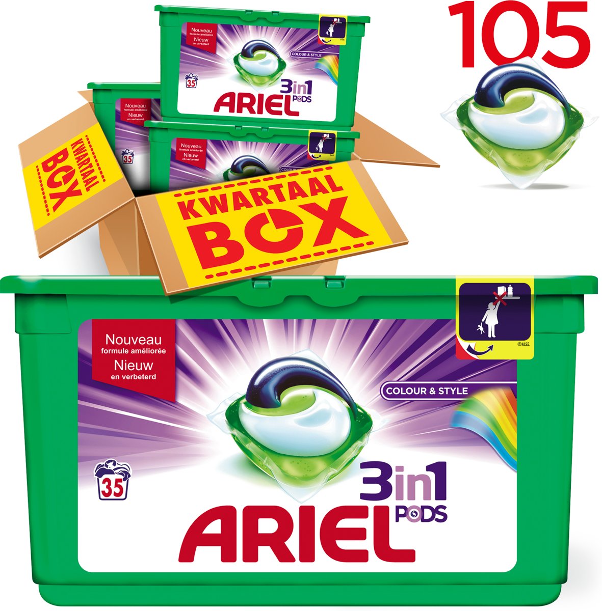 Foto van Ariel 3in1 PODS Colour & Style - Kwartaalbox 105 Wasbeurten - Wasmiddel Capsules
