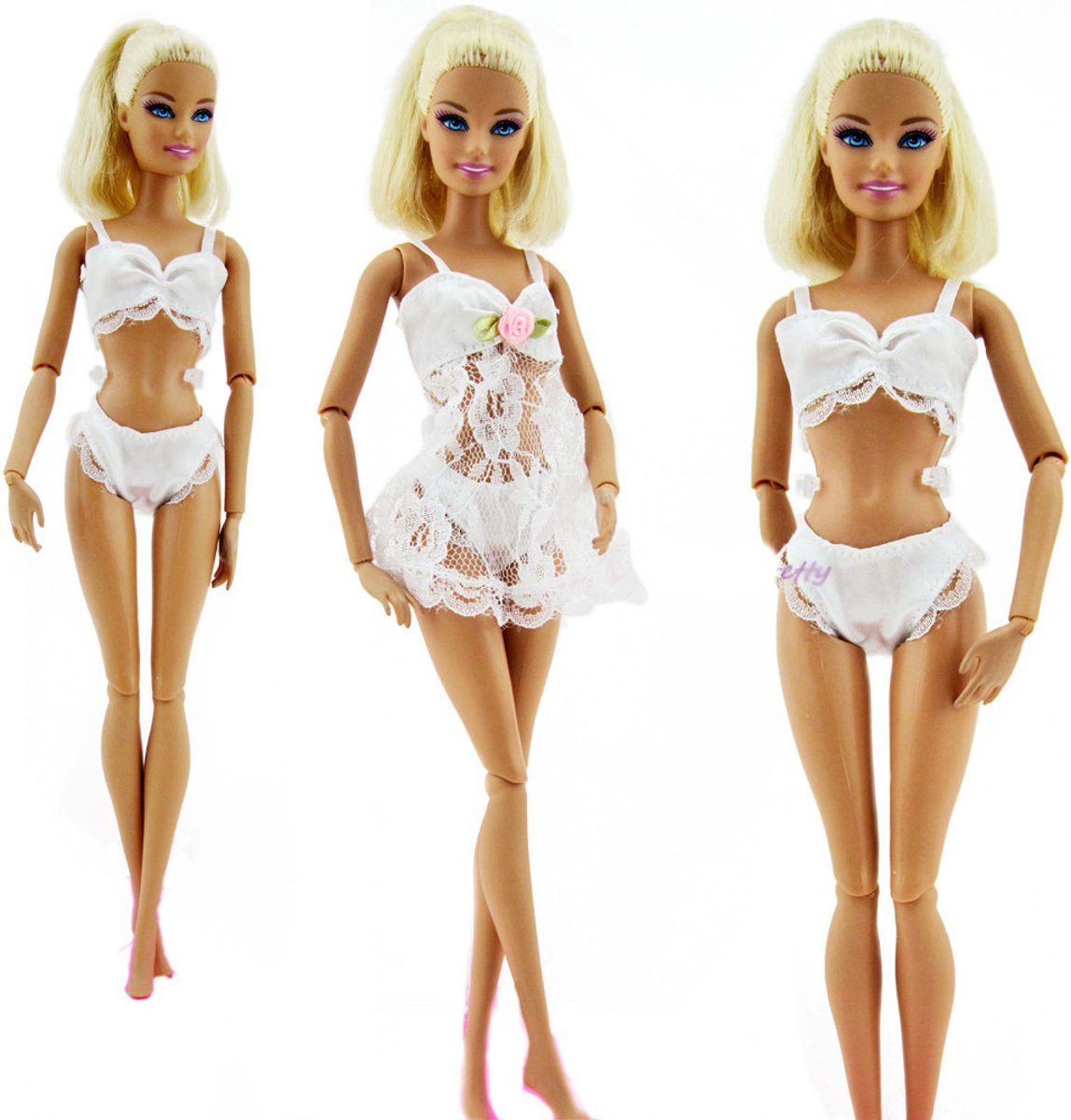Barbie Lingerie/ondergoed set - Onderbroek, bh en nachthemd met kant.