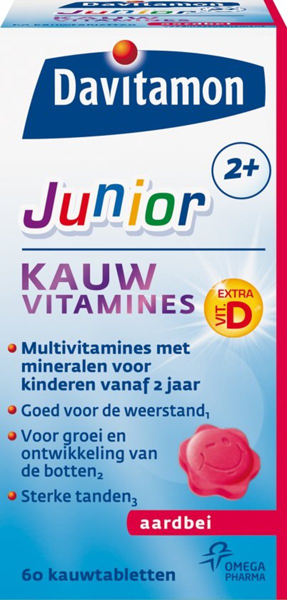 Foto van Davitamon Junior 2+ Kauwvitamines - multivitamine - aardbei - 60 tabletten - voordeelverpakking - 3 stuks