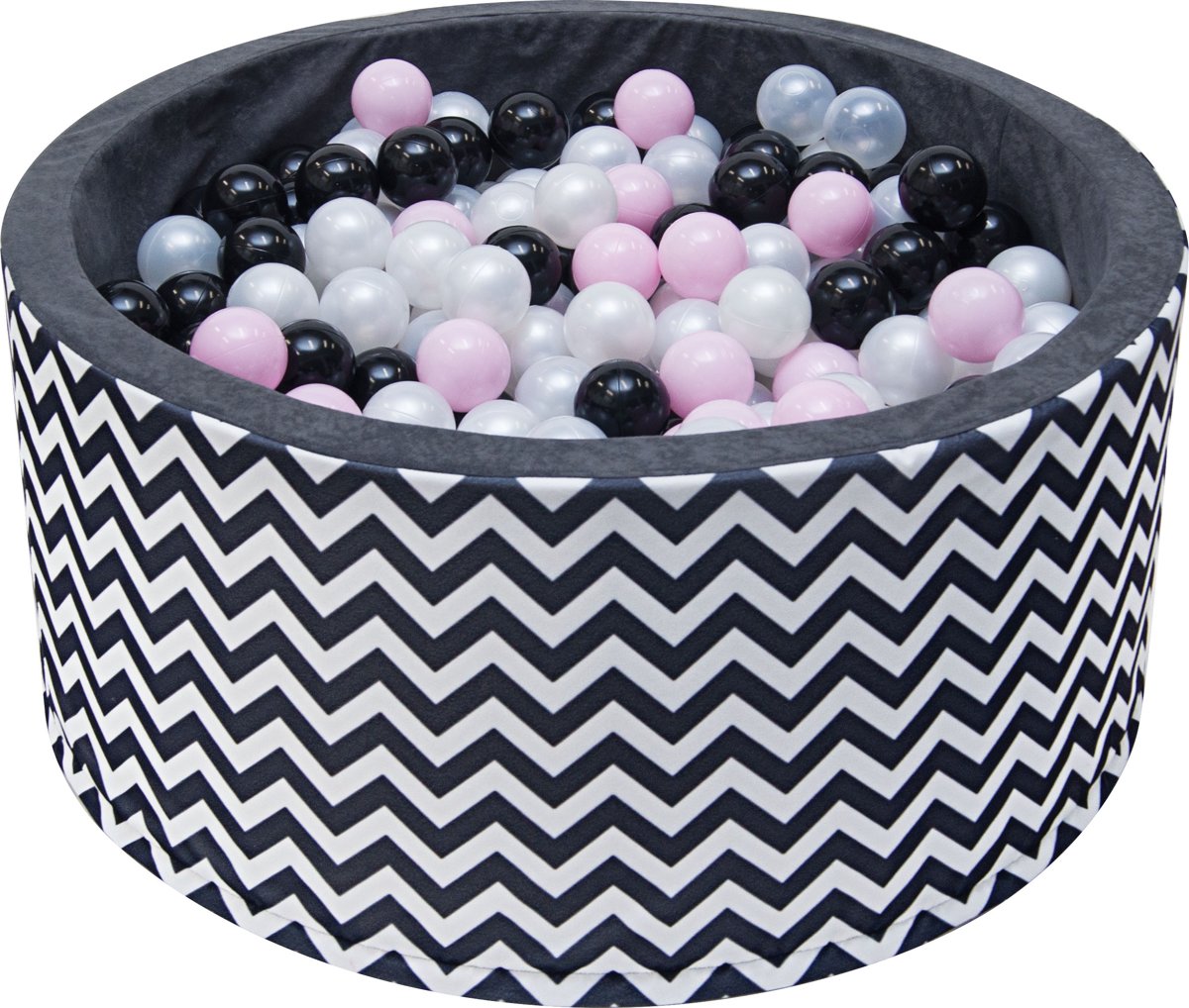 Ballenbak | Wit en zwarte strepen incl.  200 witte, zwarte, grijze en roze ballen