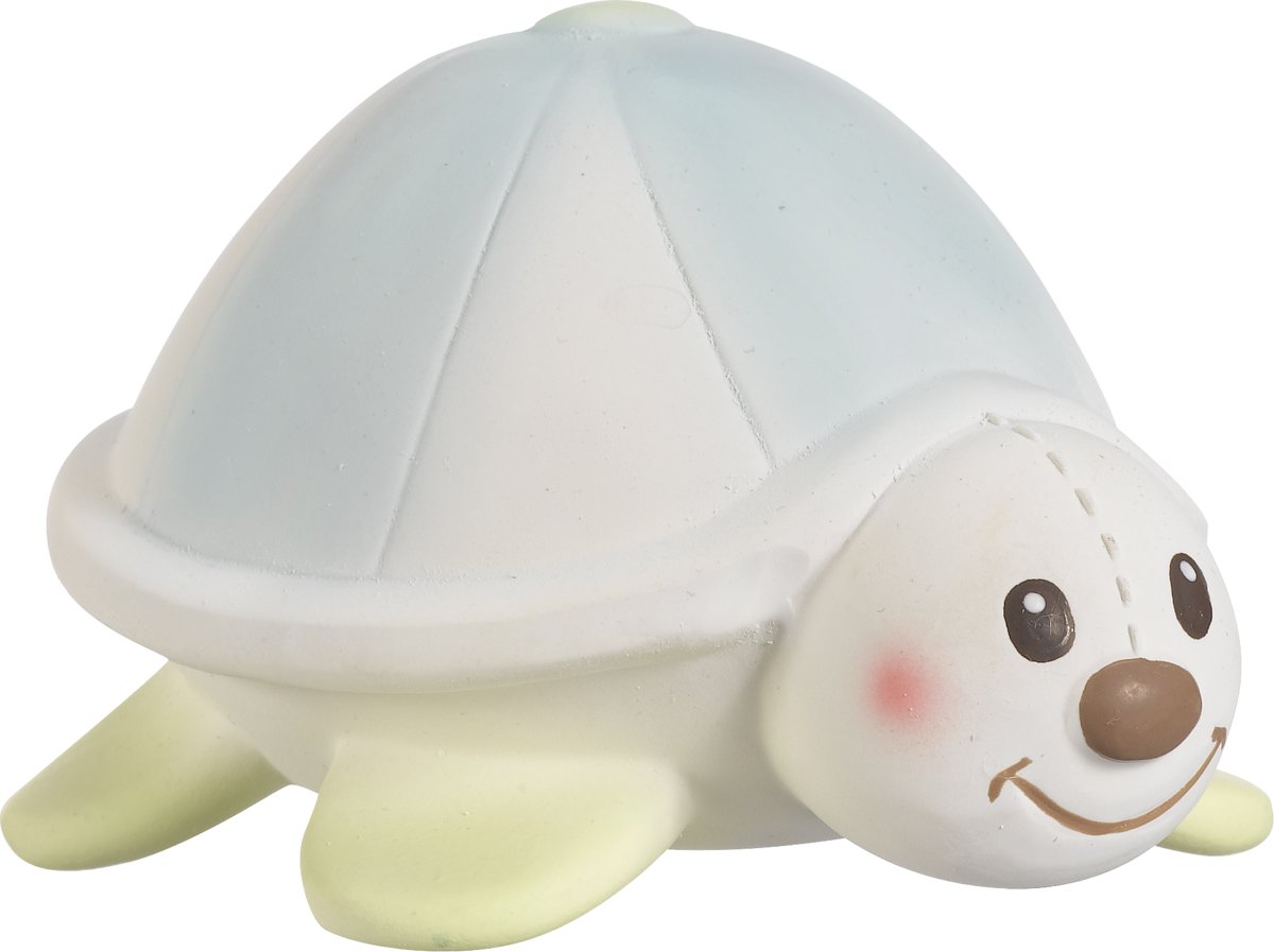 Margot de Schildpad, bijtspeeltje van 100% natuurlijk rubber, in wit/rood geschenkdoosje