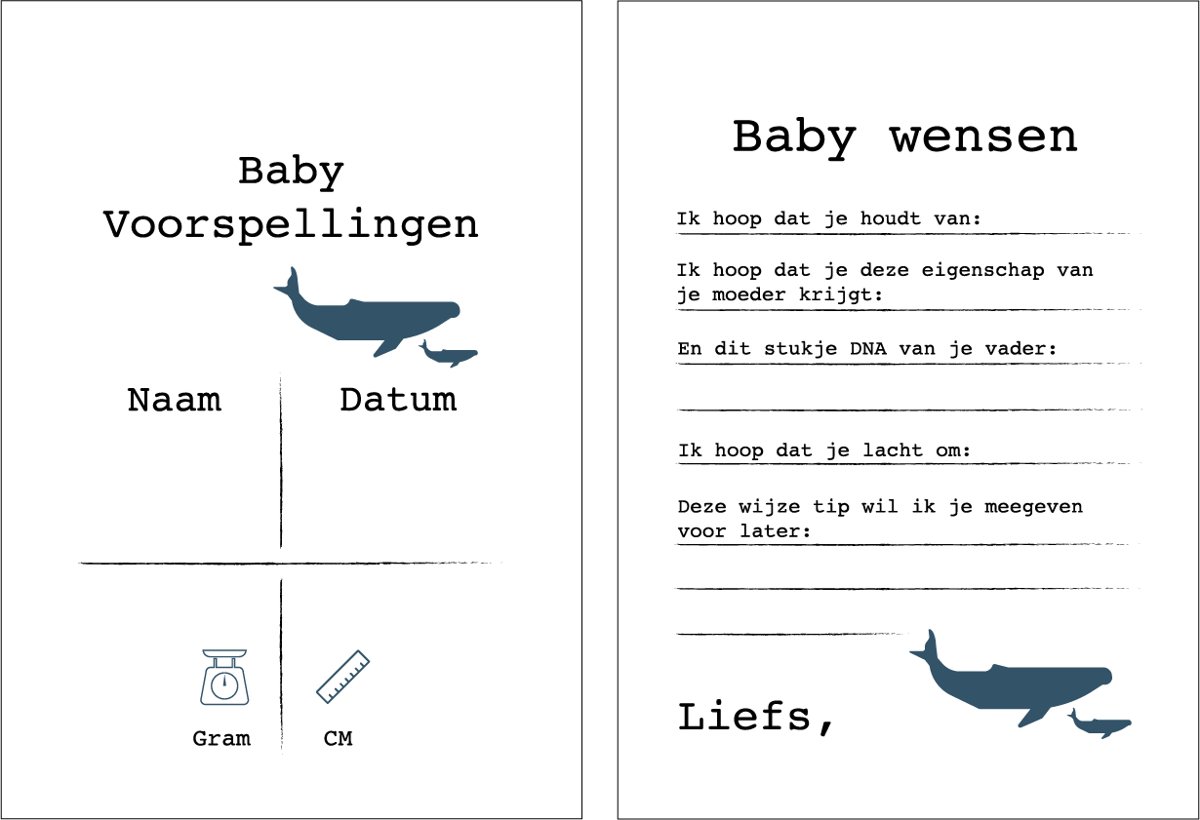 Babyshower invulkaarten - voorspellingskaarten - 15 stuks babyborrel- walvis blauw