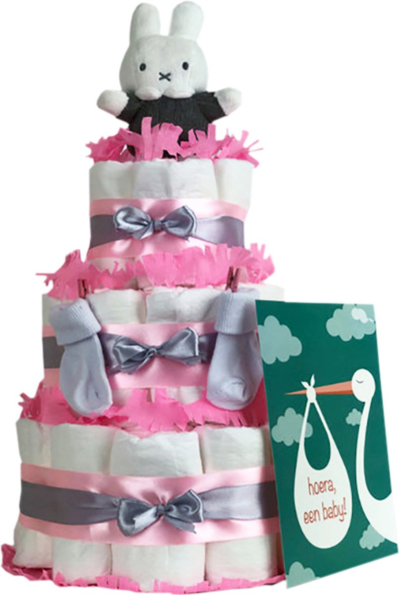 Luiertaart Nijntje meisje 3-laags roze | 45 A-merk Pampers | schattige sokjes | XL geboortekaart | ideaal voor babyshower, kraamcadeau en Baby cadeau