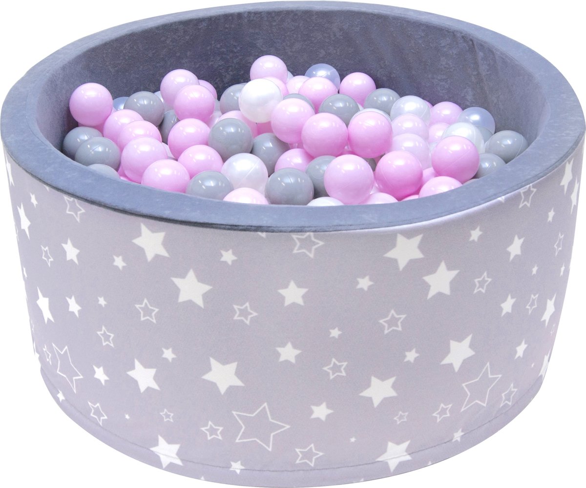 Ballenbak - stevige ballenbad - sterrenpatroon -90 x 40 cm - 200 ballen Ø 7 cm - roze, wit, grijs