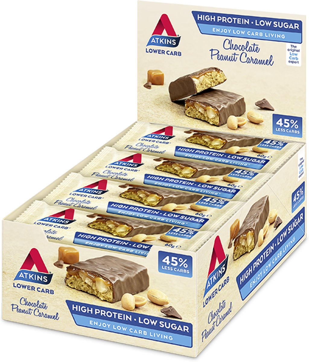 Foto van Atkins Chocolate Peanut Caramel reep - 15+1 gratis - 60 gram
