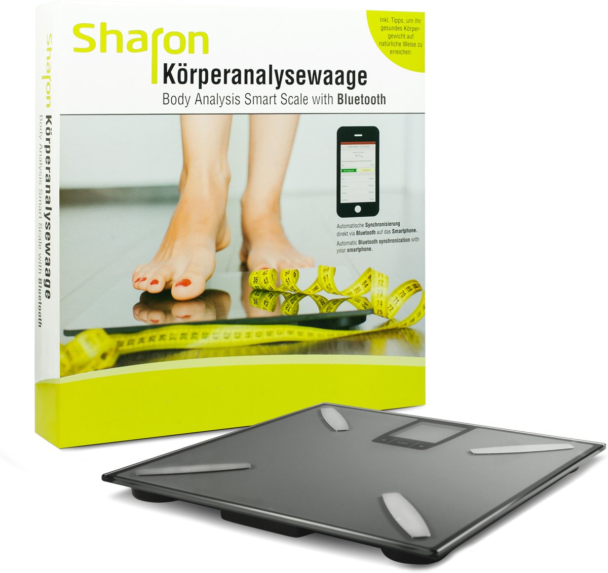 Sharon Bluetooth Smart Personenwaagen voor lichaamsanalyse draadloos | Apple Health Google Fit | Gewicht, lichaamsvet, spiermassa, botmassa, BMI | Gegevensoverdracht naar SwissMed App Android iOS