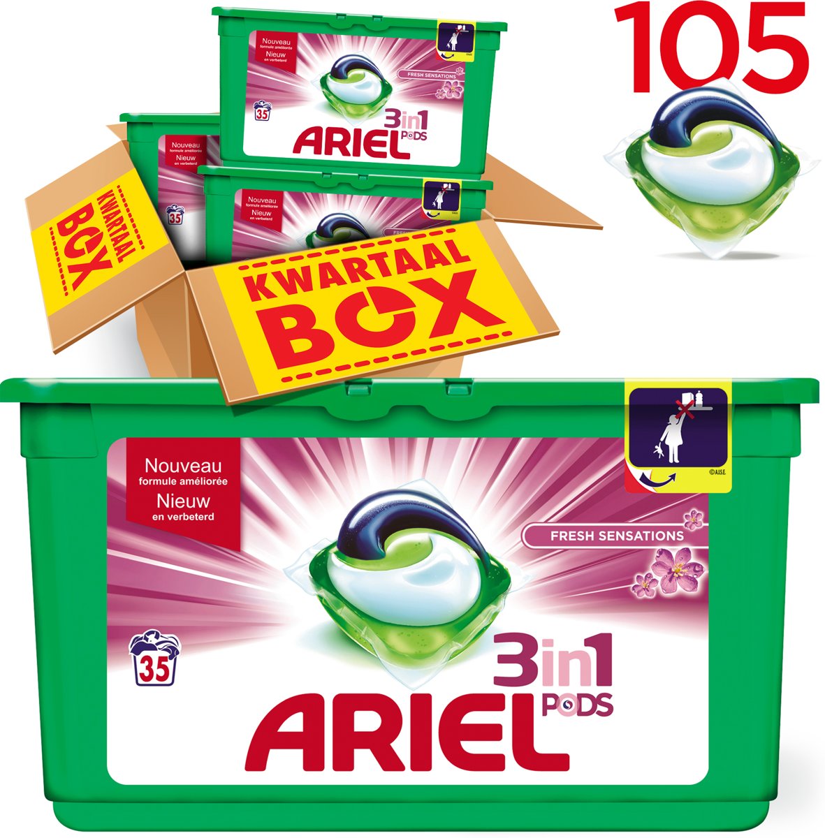 Foto van Ariel 3in1 PODS Fresh Sensations - Kwartaalbox 105 Wasbeurten - Wasmiddel Capsules
