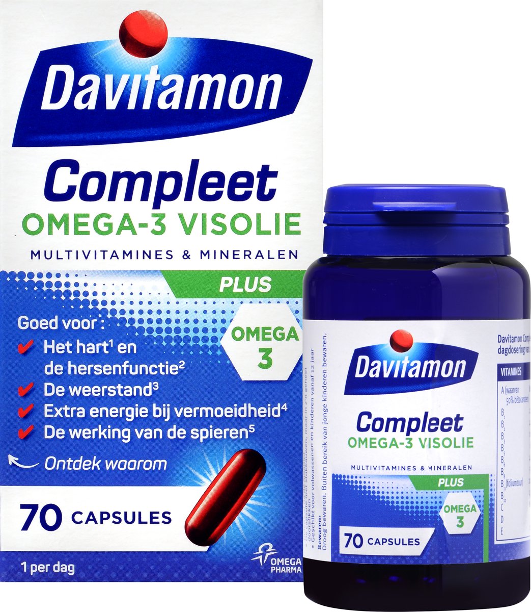 Foto van Davitamon Compleet + Omega 3 Visolie - 70 Capsules - Voedingssupplement