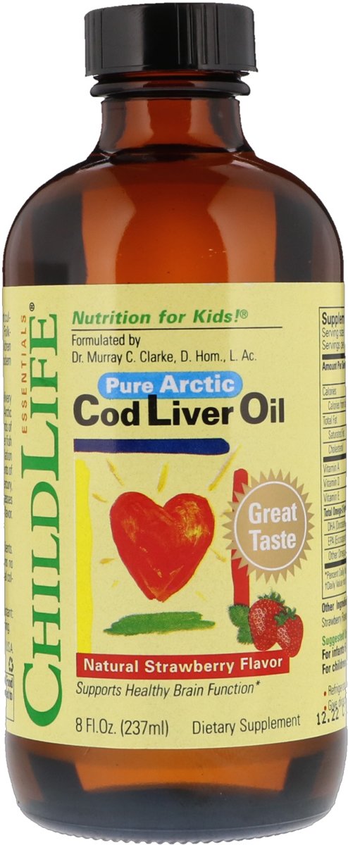 Foto van Cod Liver Oil, Natural Strawberry Flavor, 8 fl oz (237 ml) - ChildLife