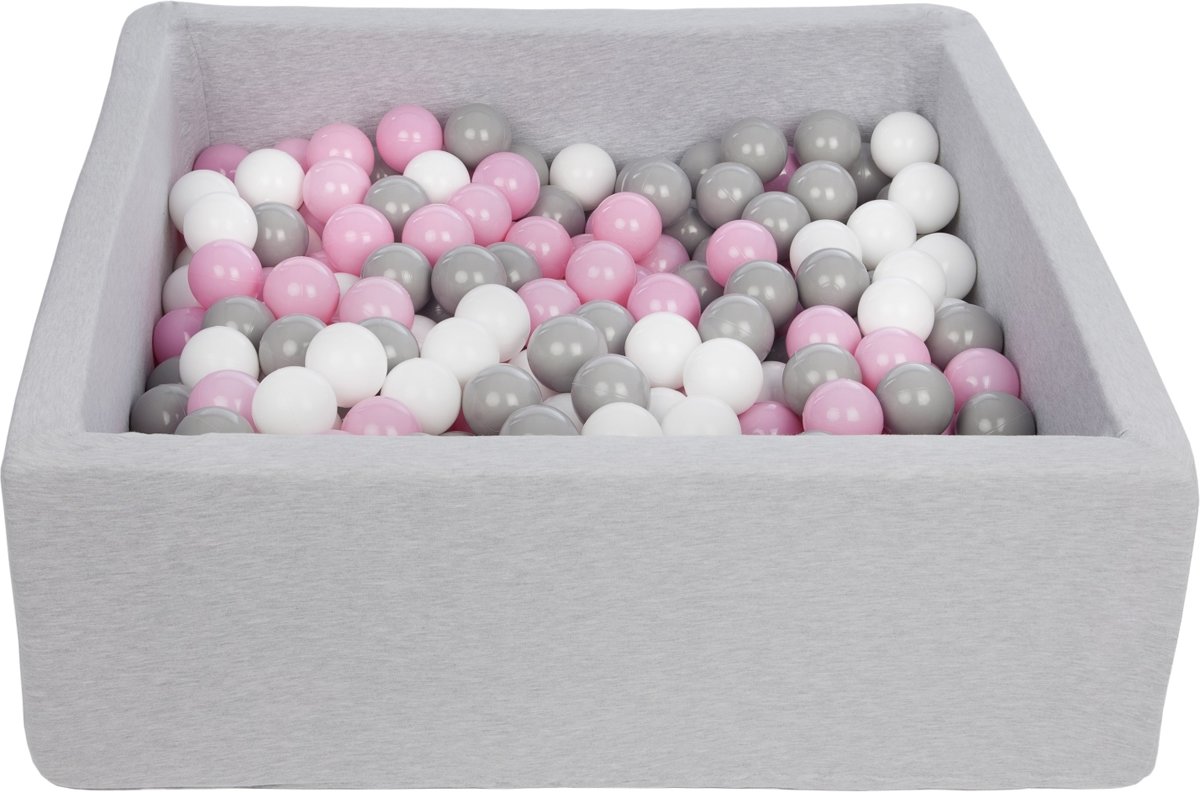 Ballenbak - stevige ballenbad - 90x90 cm - 300 ballen Ø 7 cm - wit, roze, grijs.