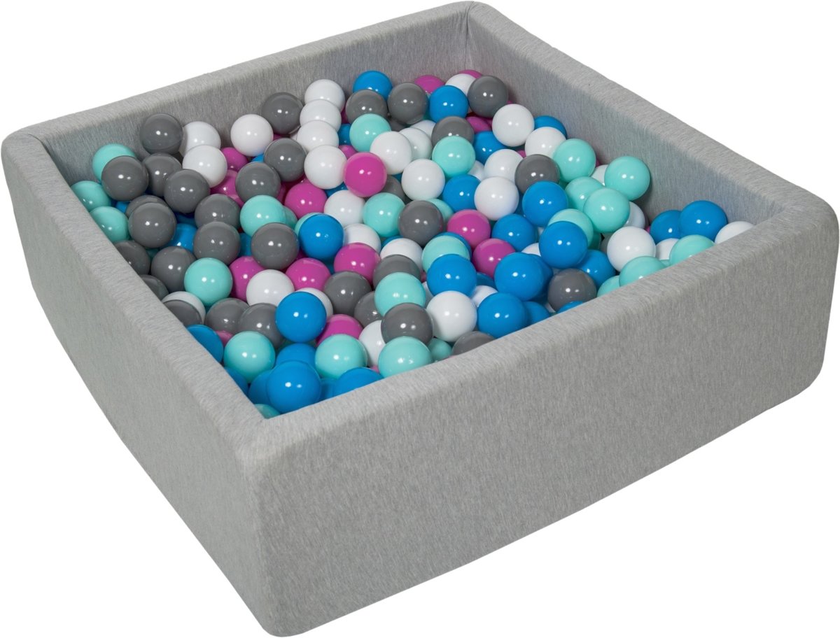 Ballenbak - stevige ballenbad - 90x90 cm - 450 ballen Ø 7 cm - wit, blauw, roze, grijs, turquoise.