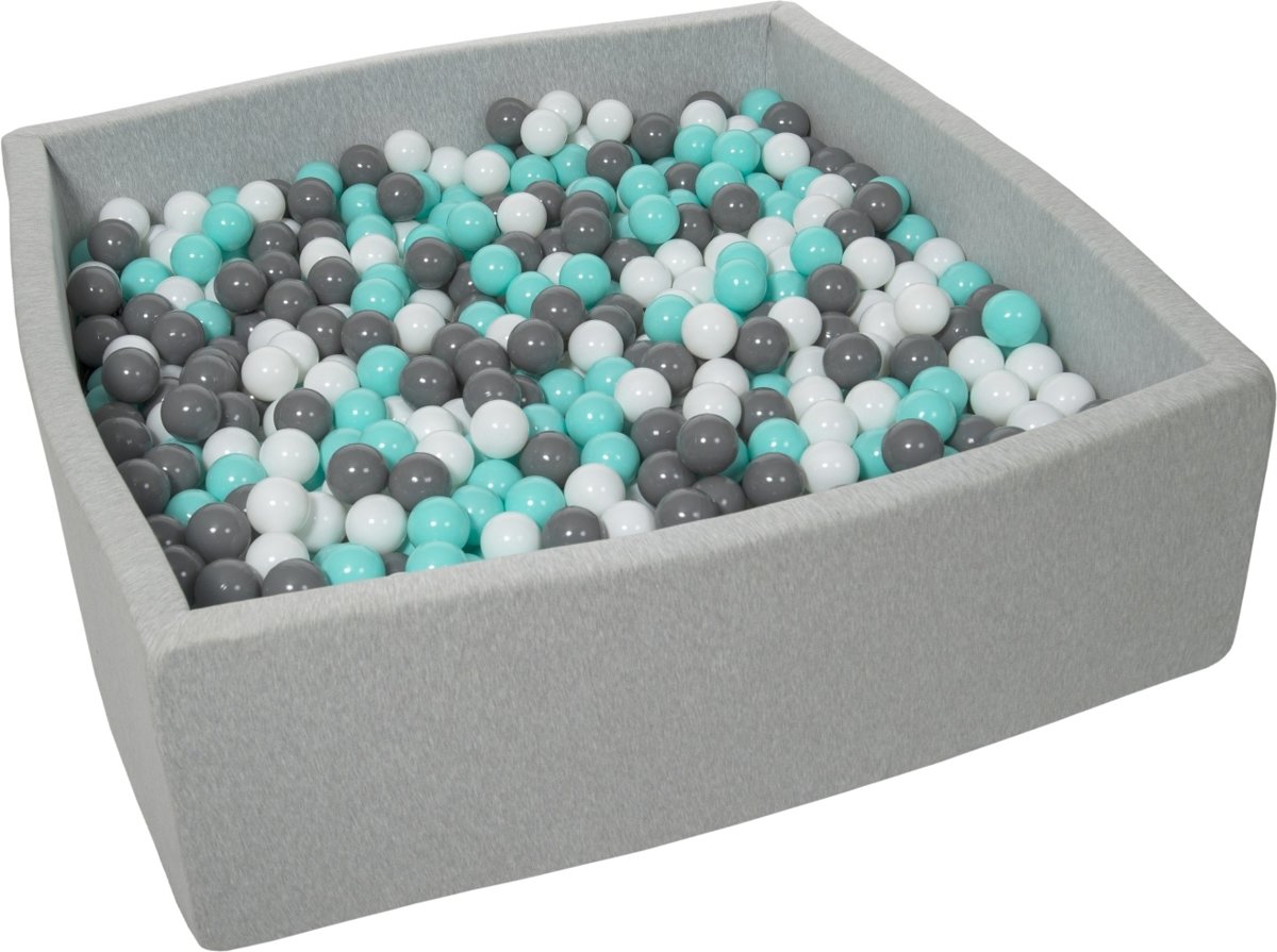 Ballenbak - stevige ballenbad - 120x120 cm - 1200 ballen Ø 7 cm - wit, grijs, turquoise.
