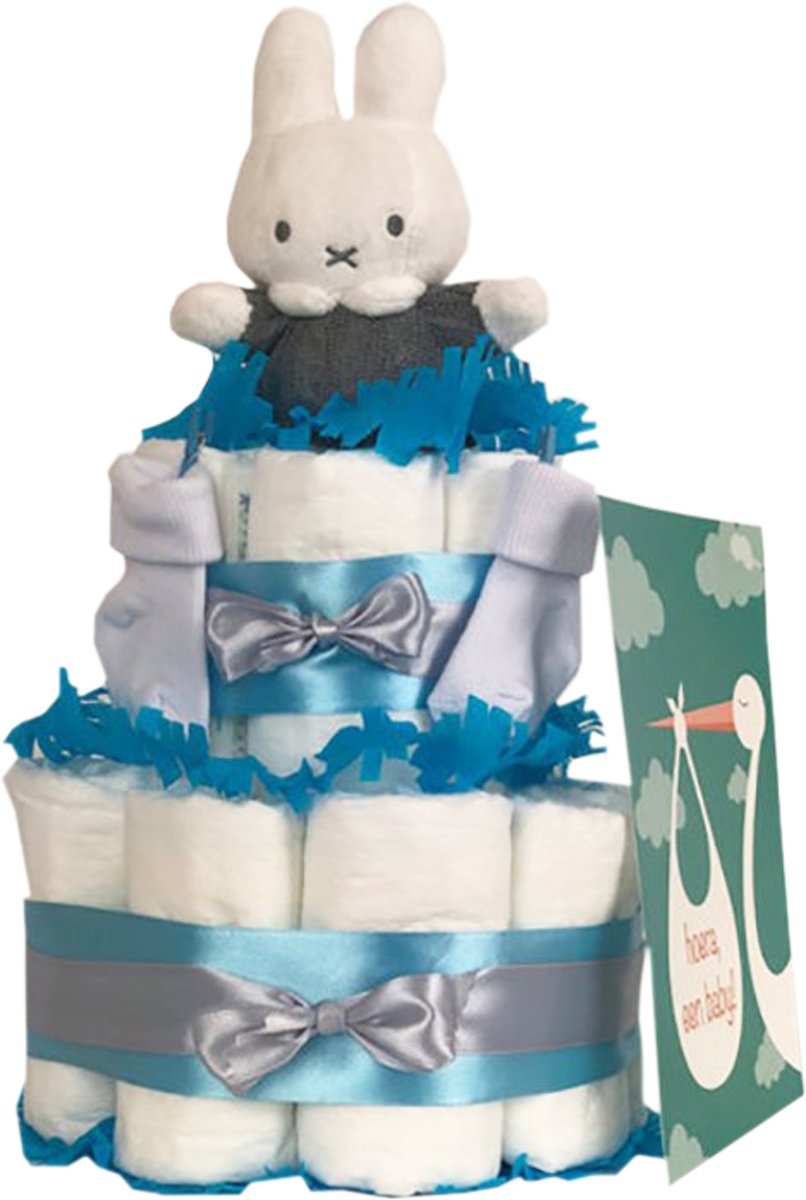 Luiertaart Nijntje jongen 2-laags blauw | 19 A-merk Pampers | schattige sokjes | XL geboortekaart | ideaal voor babyshower, kraamcadeau en Baby cadeau