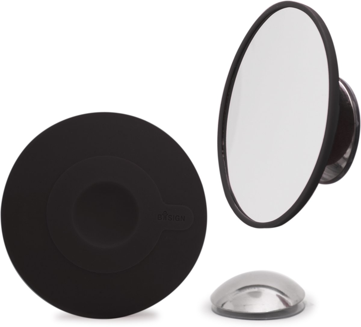 Foto van Compacte/kleine Bosign Make-upspiegel Vergrotend (10x), zwart, magnetische spiegelhouder, diameter 11 cm
